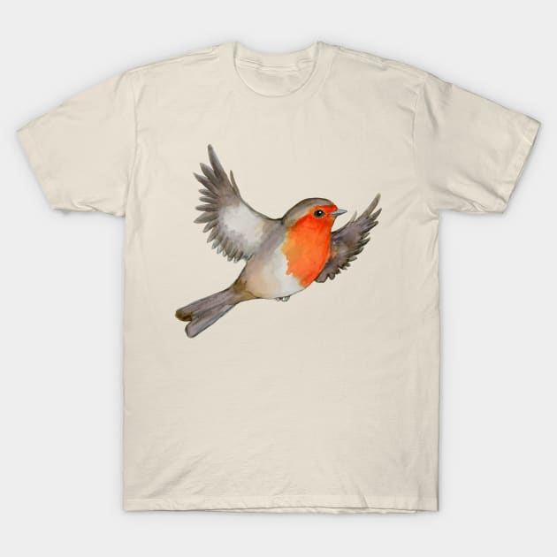 A watercolor drawing of a flying robin T-Shirt by Bwiselizzy